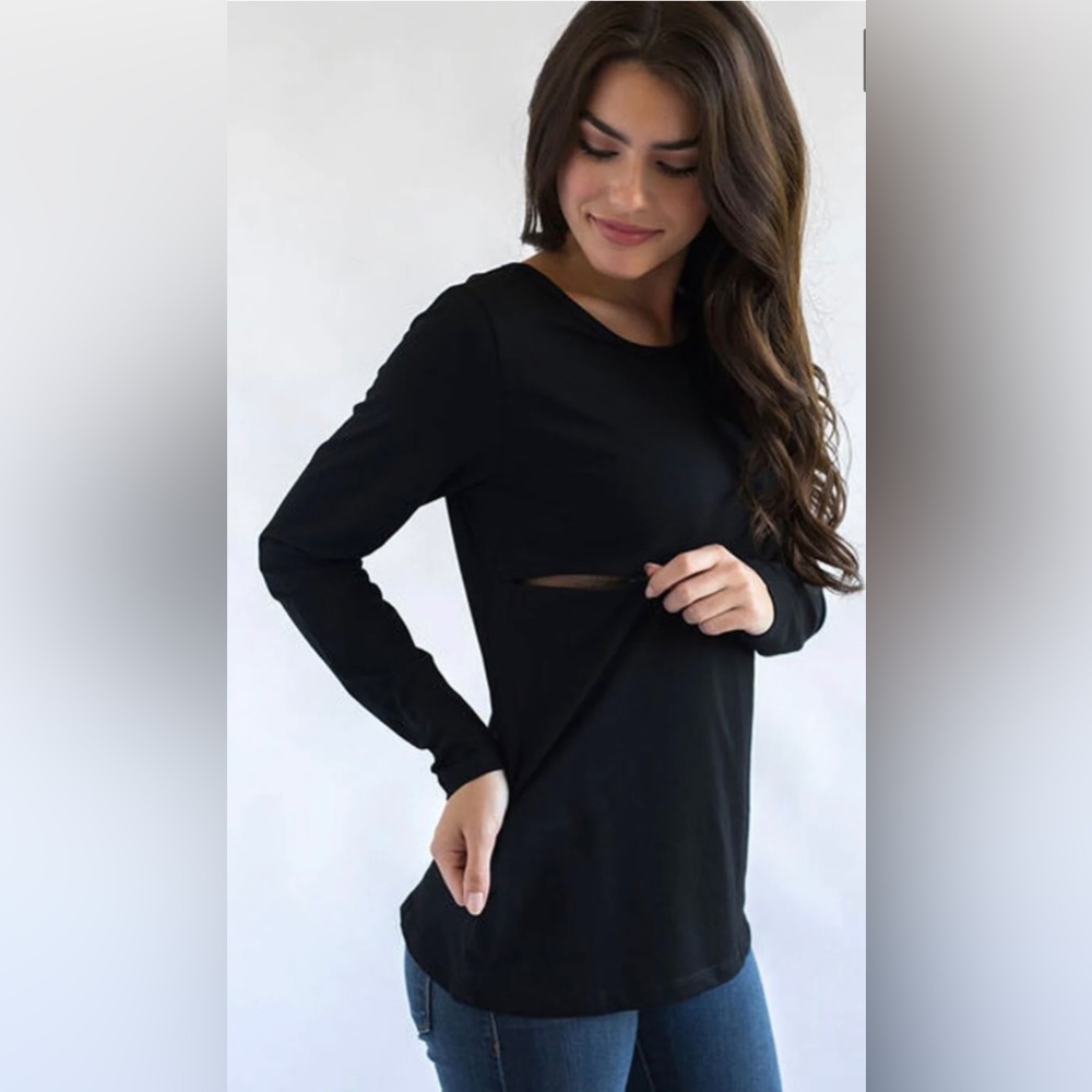 Nursing Queen cotton long sleeve nursing pumping shirt - black .